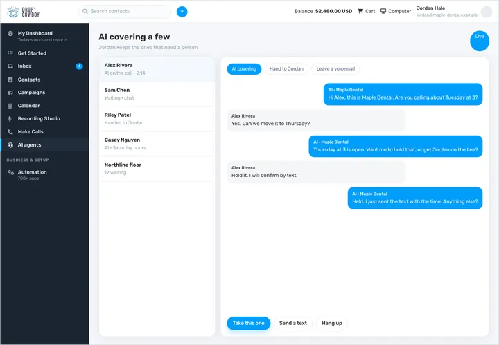 Drop Cowboy AI voice agent handling a callback from a ringless voicemail drop, with live transcript and human handoff