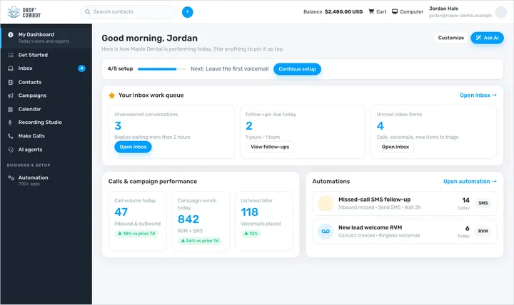 Drop Cowboy dashboard showing ringless voicemail campaigns, inbox, and automation in one screen