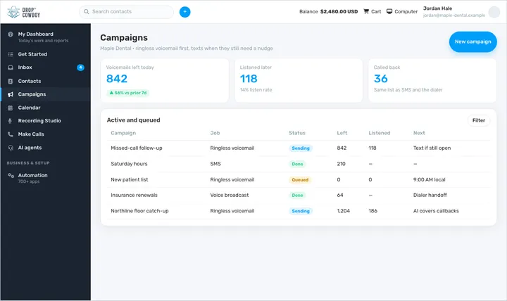 Drop Cowboy ringless voicemail campaign dashboard showing delivery status and callback activity