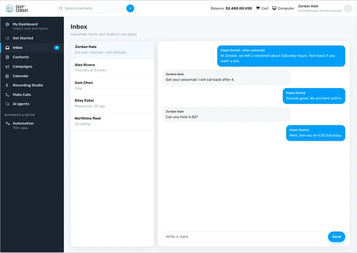 Drop Cowboy inbox showing a two-way SMS conversation following a ringless voicemail drop